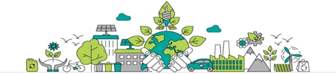 Decorative Graphic from Environment and Climate Change Canada for the Climate Action Incentive Fund, showing a greening society with recyclables, solar panels, wind turbne, energy efficiency, no pollution, etc. Used for decoration only, to provide credit, and a link to their web site.